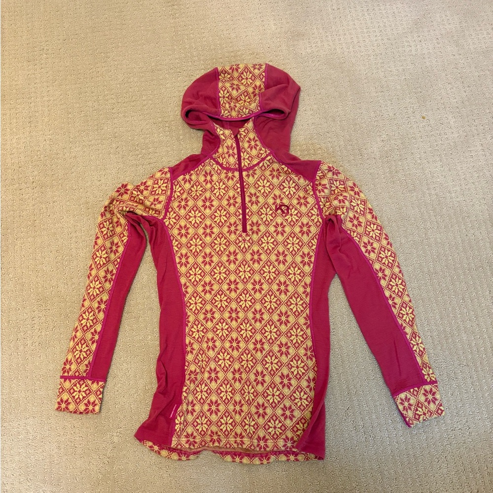 Kari Traa hooded 1/2 zip baselayer merino wool “Rose” pattern in pink  & yellow